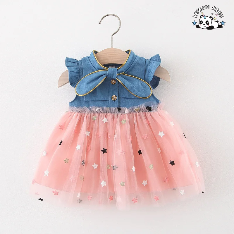 LEZONKIDS - Saia de gaze de jeans sem mangas personalizável para meninas com tecido de renda em estrela e malha de jeans para meninas de 2-14T